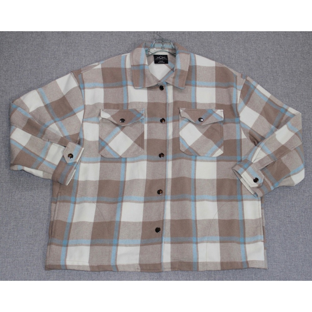 HFX Shirt Jacket Shacket Women XL Tan Blue Plaid Wool Blend Button Front